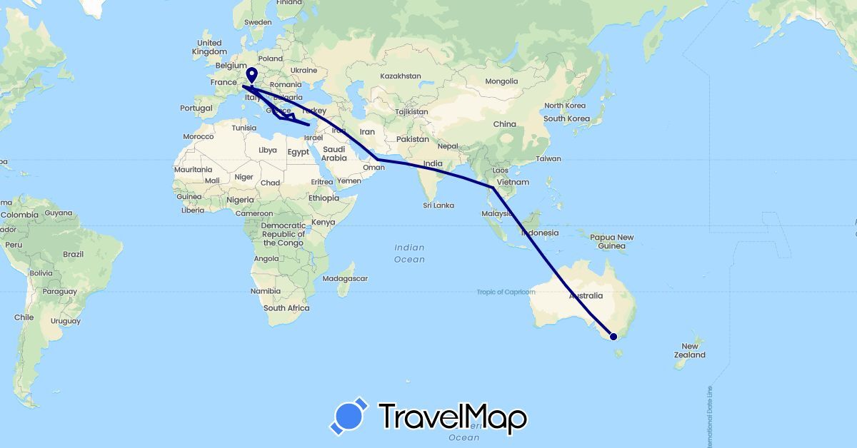 TravelMap itinerary: driving in Australia, Cyprus, Greece, Italy, Oman, Thailand, Turkey (Asia, Europe, Oceania)
